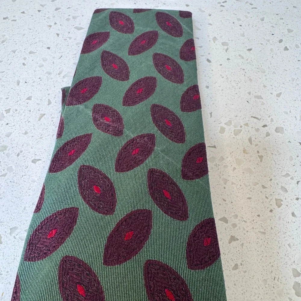 Y2K Coach Mens Silk Tie Green Burgundy Geometric Medallion Handmade in Italy